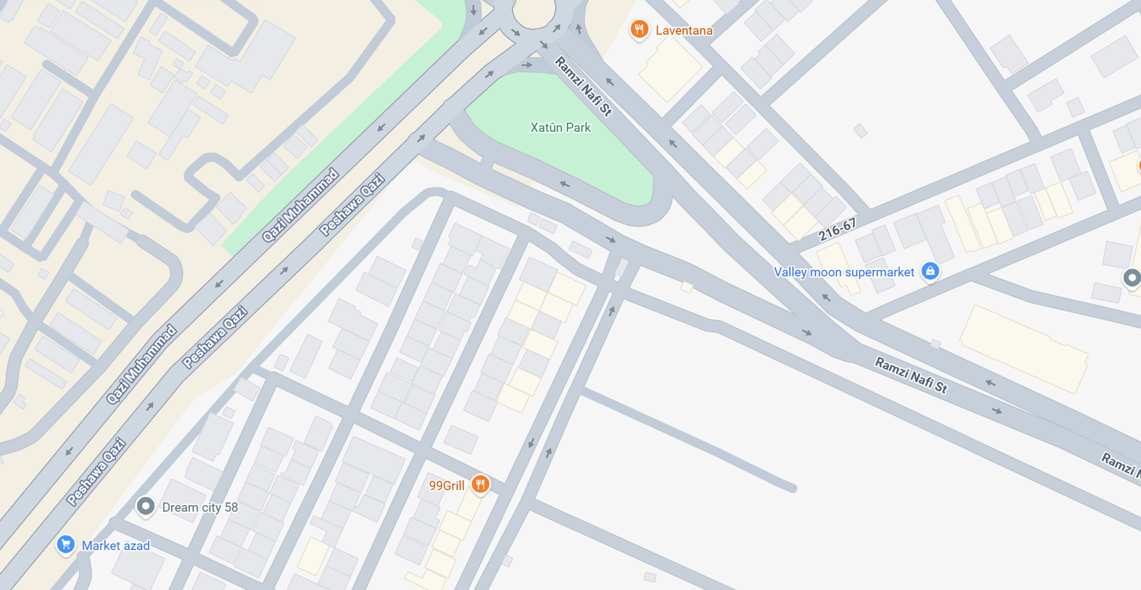 Street map of Dream City, Erbil, showing Ali Barber south of Xatun Park