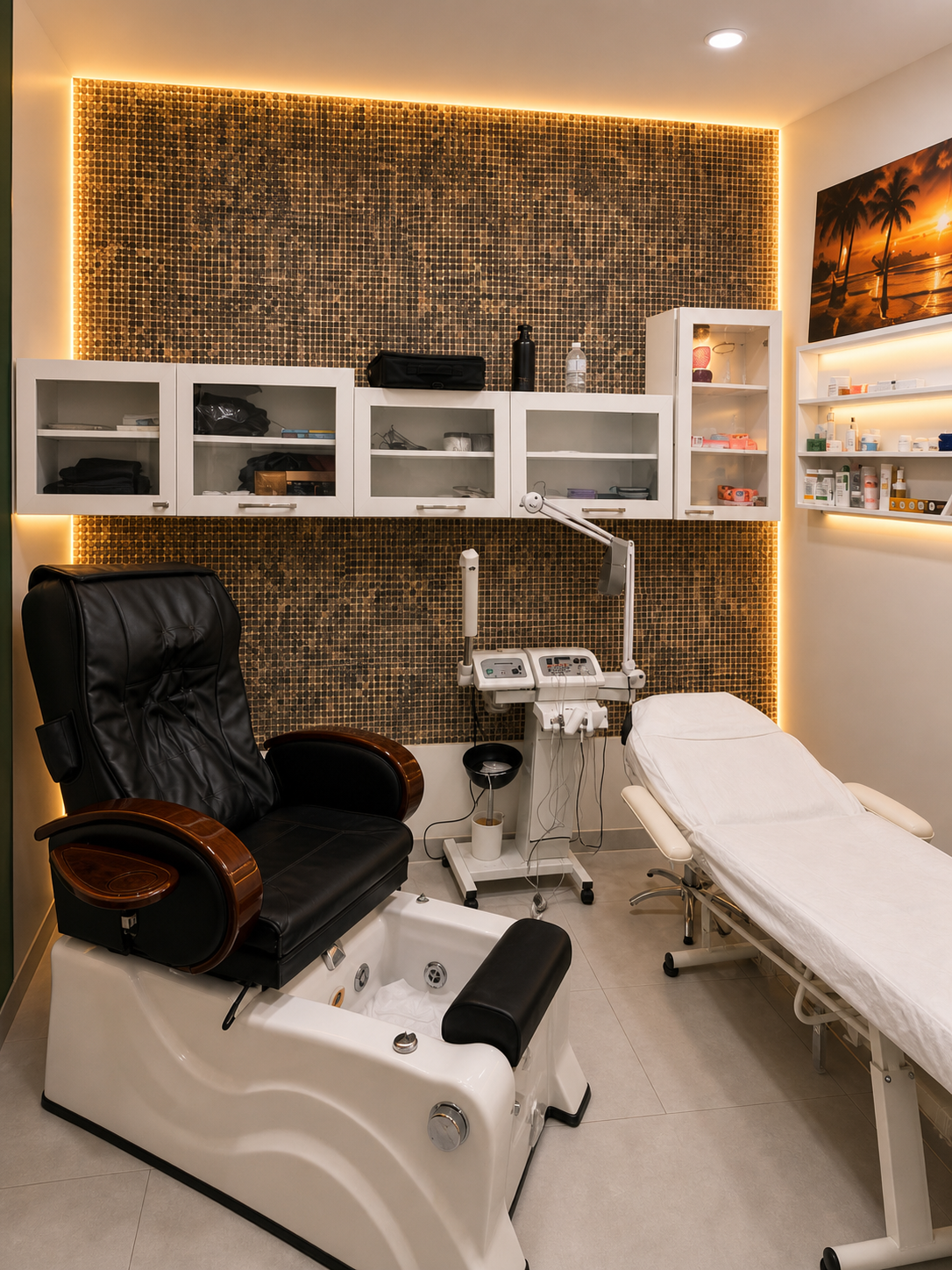 La salle Hydrofacial privée d’Ali Barber, avec table de soin, équipement de soin de la peau et fauteuil de pédicure